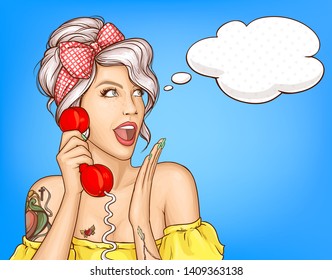 Attractive, blonde woman with freckles on face talking on vintage phone, hearing amazing news, surprised and shocked by rumors pop art vector illustration. Sale announcement promo poster template