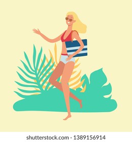 Attractive blonde woman goes to the beach, runs or dances in a bikini or swimsuit with a bag and sunglasses. Woman or girl goes swimming on a summer tropical beach, vector flat illustration.
