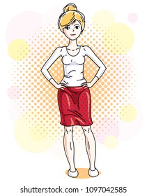 Attractive blonde woman posing on colorful backdrop with bubbles and circles and wearing casual clothes. Vector nice lady illustration. 