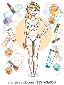 Attractive blonde woman in underwear posing on colorful background with creme, lipstick, blusher and different tubes. Vector nice lady illustration. 