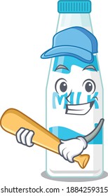 Attractive bottle of milk caricature character playing baseball. Vector illustration
