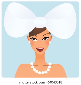 Attractive bride with a big ribbon on her head