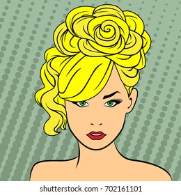 Attractive bright blond girl with high hairdo on the retro style dots background, color vector artwork