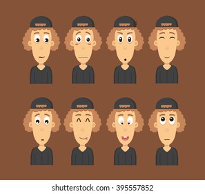 Attractive brown haired boy on eight different face expressions collection. Vector Isolated