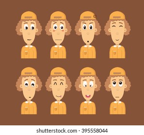 Attractive brown haired boy on eight different face expressions collection. Vector Isolated