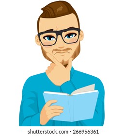 Attractive brown haired man with glasses focused reading interesting book with hand on chin