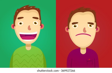 Attractive brown haired man on two different face expressions collection