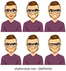 Attractive brown haired young hipster man with glasses on six different face expressions collection