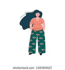 Attractive Brunette Curvy Girl in Fashion Trendy Clothes, Beautiful Plus Size Plump Woman Vector Illustration