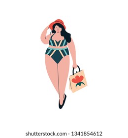 Attractive Brunette Curvy Girl in Swimsuit and Hat, Beautiful Plus Size Plump Woman Vector Illustration