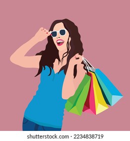 Attractive brunette girl with shopping bags and sunglasses.