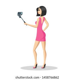 Attractive brunette girl using selfie stick and taking photo herself. Stylish heeled young woman in mini pink dress looking at camera and making video for her vlog. Vector cartoon isolated.