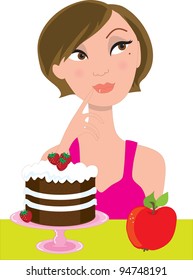 An attractive brunette in a pink dress, is trying to decide between an apple and a strawberry shortcake.