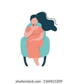 Attractive Brunette Pregnant Woman in Armchair and Eating Apple, Happy Pregnancy, Maternal Health Care Vector Illustration