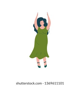 Attractive Brunette Pregnant Woman Dancing, Happy Pregnancy, Maternal Health Care Vector Illustration