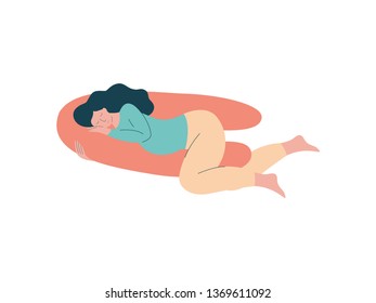Attractive Brunette Pregnant Woman Sleeping with Special Pillow, Happy Pregnancy, Maternal Health Care Vector Illustration svg