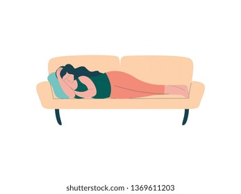 Attractive Brunette Pregnant Woman Sleeping on Sofa, Happy Pregnancy, Maternal Health Care Vector Illustration