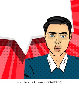 Attractive brunette, surprised young blue eyes man style pop art. Comic text effects pop art style vector. Sound bubble speech phrase cartoon. Comics book balloon background