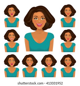 Attractive brunette woman with dark skin and nine various facial expressions set. Vector cartoon character on white background.