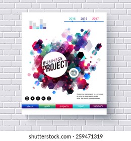 Attractive Business Project Web Template with Abstract Graphic Designs on a White Brick Wall Background. Vector illustration.