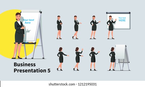Attractive business teacher woman giving presentation or lecture on a modern flipchart poses set. Businesswoman showing flipchart and text on projection screen. Flat vector illustration