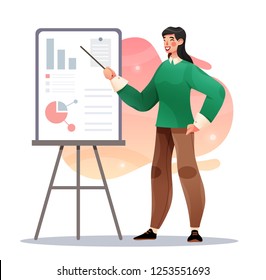 Attractive business teacher woman giving presentation or lecture on a modern flipchart. Businesswoman showing flipchart. Vector illustration