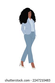 Attractive Business woman collection standing in formal blue suit and high heels. Vector illustration of pretty girl with long curly hair in fashionable office outfit Isolated on white background.