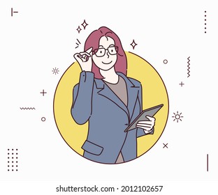 Attractive business woman holding tablet computer.Concept of leadership. Hand drawn in thin line style, vector illustrations.