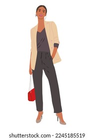 Attractive Business woman. Realistic illustration of standing cartoon pretty woman in smart casual office outfit - beige jacket, bag and high heels. Female character isolated on white background.