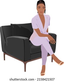 Attractive business woman sitting in dark chair. African american black beautiful girl wearing lilac formal suit. Trendy modern women cartoon style fashion vector illustration isolated on white.