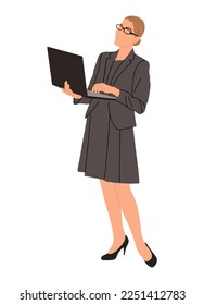 Attractive business woman standing with laptop. Pretty female character wearing formal suit, skirt working on computer. Internet technology concept. Vector illustration isolated on white background.