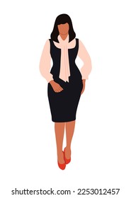 Attractive Business woman. Stylish lady boss standing in formal office outfit - black dress, blouse, high heels. Pretty female character Vector realistic illustration isolated on white background.