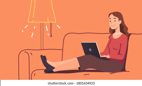 Attractive business woman working home holding laptop computer on her lap, sitting  reclined on sofa stretching legs. Smiling lady typing relaxedly smiling indoors. Flat vector character illustration