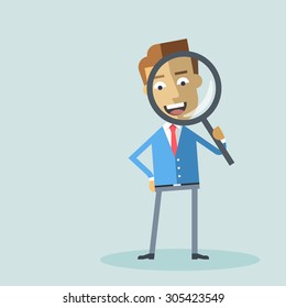 Attractive businessman in formal suit looking through a magnifying glass. Business concept for recruiting and researches. Cartoon character - manager with loupe. Vector flat design illustration.