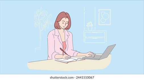 Attractive businessman holding tablet computer.Concept of leadership. Hand drawn in thin line style, vector illustrations.