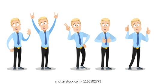 Attractive businessman showing different gestures. Office manager doing thumbs up, v sign, okay and rock hands gestures. Young man in blue shirt and tie personage. Business people vector illustration