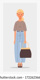 attractive businesswoman holding handbag female cartoon character standing pose full length vertical vector illustration