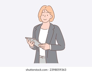 An attractive businesswoman is holding a tablet computer. Illustrating the concept of leadership with a thin line style, vector illustration.