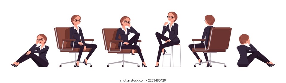 Attractive businesswoman set, different sitting poses. Office girl, female manager workwear chic jacket pants outfit for work occasion. Vector flat style cartoon character isolated, white background