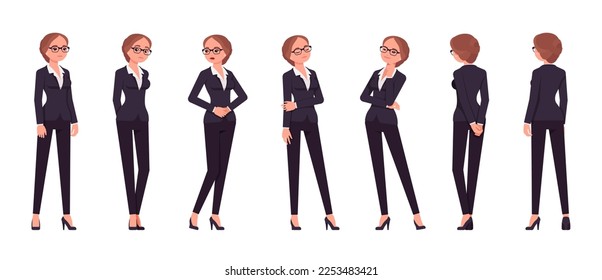 Attractive businesswoman set, different standing poses. Office girl, female manager workwear chic jacket pants outfit for work occasion. Vector flat style cartoon character isolated, white background