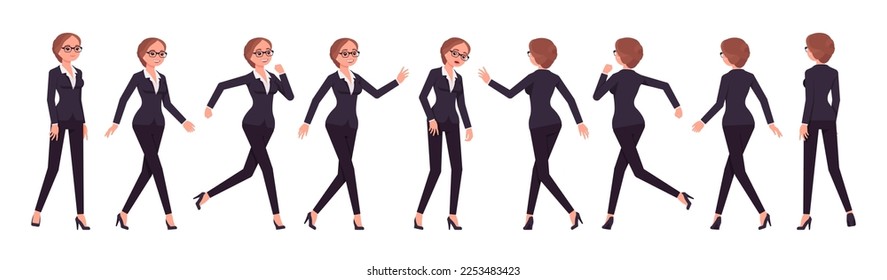 Attractive businesswoman set, different walk, run poses. Office girl, female manager workwear chic jacket pants outfit for work occasion. Vector flat style cartoon character isolated, white background