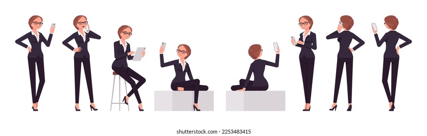Attractive businesswoman set with gadgets, computer. Office girl, female manager workwear chic jacket pants outfit for work occasion. Vector flat style cartoon character isolated, white background
