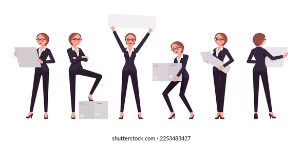 Attractive businesswoman set, holding objects pose. Office girl, female manager workwear chic jacket pants outfit for work occasion. Vector flat style cartoon character isolated, white background