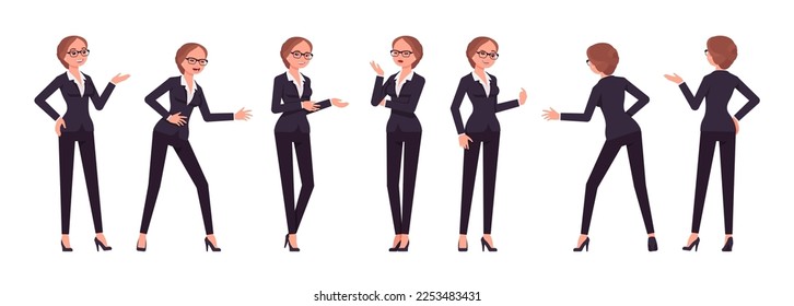 Attractive businesswoman set, talk, scream, debate pose. Office girl, female manager workwear chic jacket pants outfit for work occasion. Vector flat style cartoon character isolated, white background