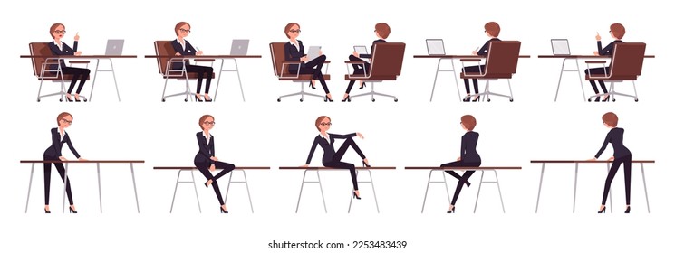 Attractive businesswoman set at workplace desk, table. Office girl, female manager workwear chic jacket pants outfit for work occasion. Vector flat style cartoon character isolated, white background