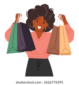Empresária atraente personagem de desenho animado com sorriso no rosto demonstrando sacolas de compras ostentando sobre compras de luxo com desconto vetor ilustração isolado no fundo branco