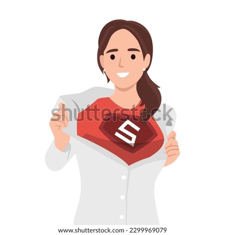 Attractive businesswoman with superhero suit under her skirt. Flat vector illustration isolated on white background