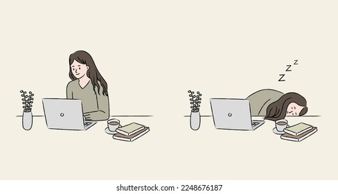 Attractive businesswoman working on laptop in her workstation. Tired girl. Employee in office. Profession concept, Remote work. Distance learning. Hand drawn style. Line vector design illustrations.