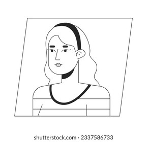 Attractive caucasian brunette woman in hair rim black white cartoon avatar icon. Editable 2D character user portrait, linear flat illustration. Vector face profile. Outline person head and shoulders