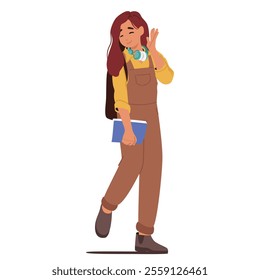 Attractive charming teenage college girl student cartoon character going to study isolated on white. Positive happy female schoolgirl trendy fashion outfit rejoicing education vector illustration